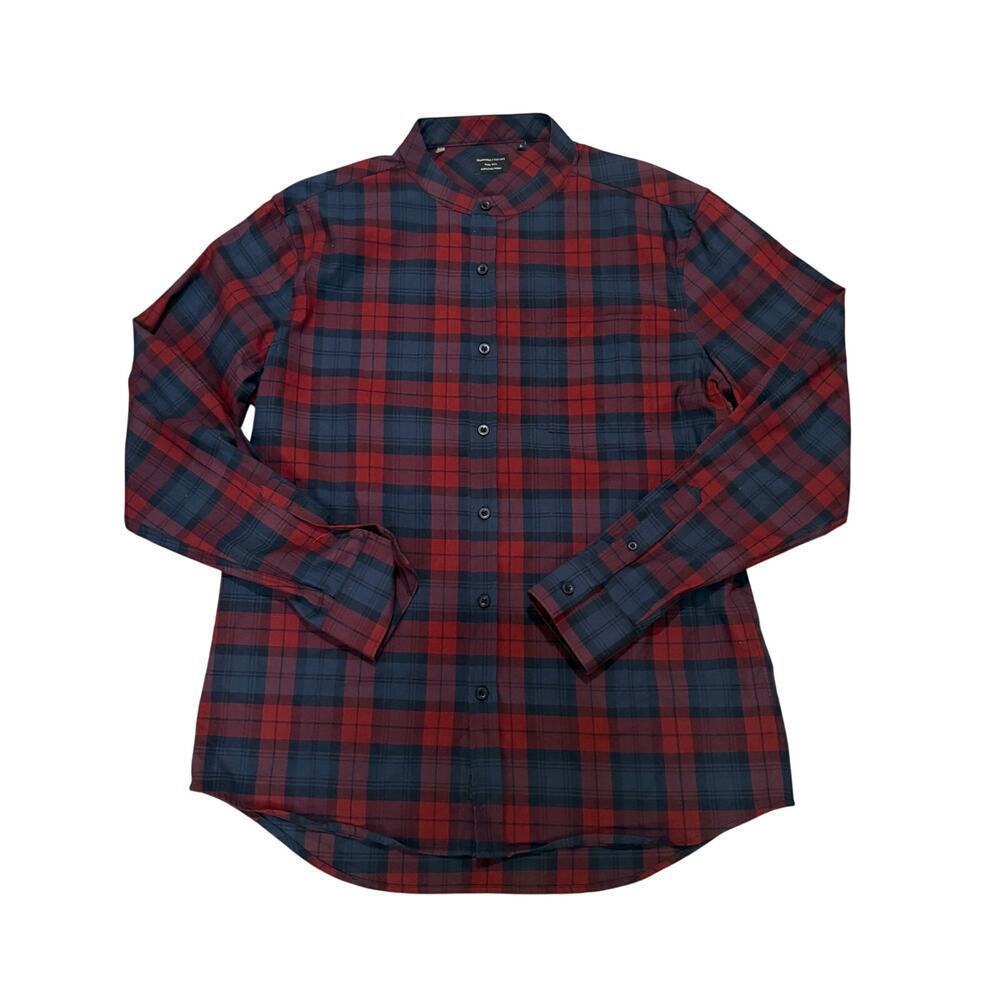 7 Diamonds Red Blue Plaid Button Up Shirt Band Collar Modern Large Casual Preppy